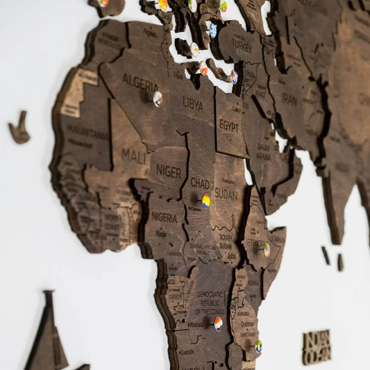 3D Wooden World Maps - Dark Walnut Stain (4 Sizes)