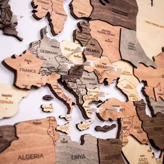 3D Wooden World Maps - Smokey Wood Stain (4 Sizes)