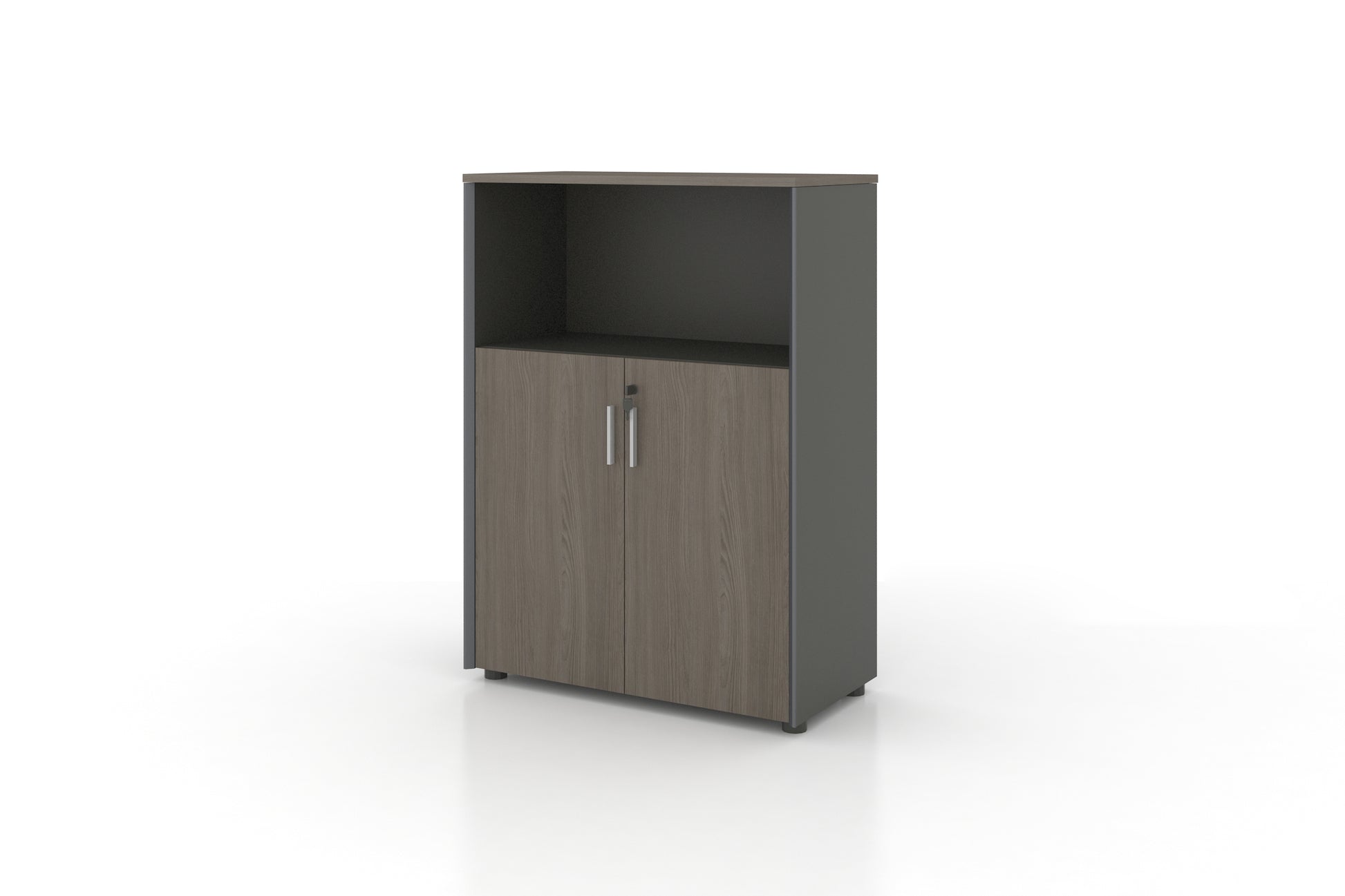 Universal 3-Level Cabinet with Open Shelf (Meteor Grey Body) Consumer KANO CF42 Mocha Oak 8-10 Weeks 