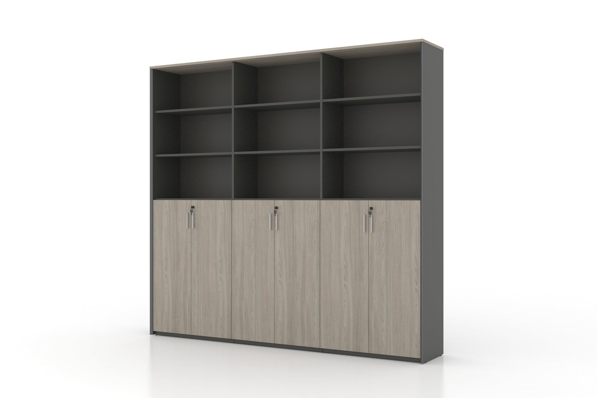 Universal 6-Level Triple Cabinet (Meteor Grey Body) Consumer KANO CF41 Nash Oak Upper Shelves are Open 8-10 Weeks