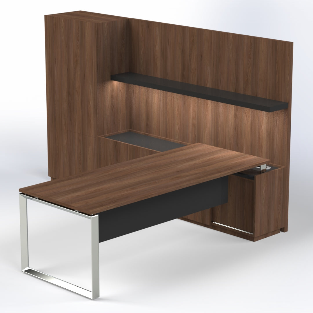 Elite Presidential Desk with Wall Unit Consumer BAFCO W2200 x D2900 x H1600mm Maryland Walnut B 2-5 Working Days